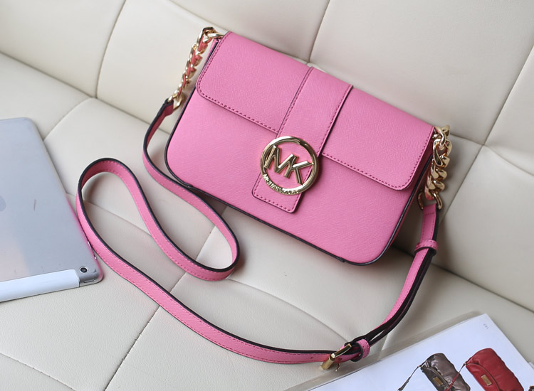 品牌包包批发 MK盖头包 原版十字纹牛皮 粉色 时尚女包斜挎包