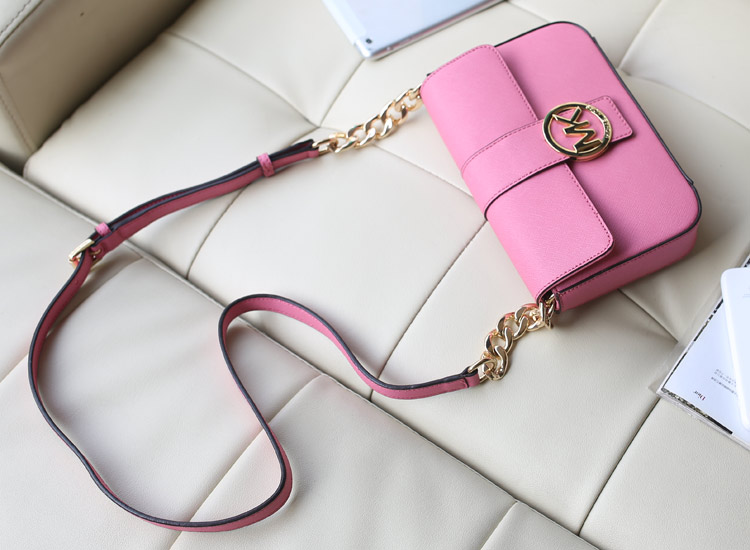品牌包包批发 MK盖头包 原版十字纹牛皮 粉色 时尚女包斜挎包