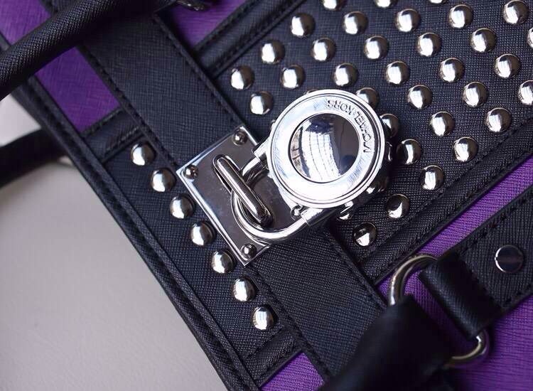 一件代发 MK新款拼色铆钉锁头包 紫色原版十字纹牛皮真皮女包