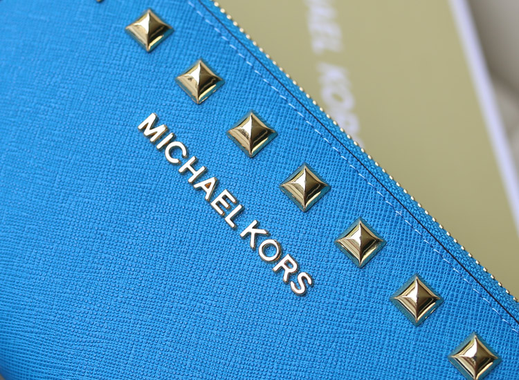 实拍 MK钱夹铆钉款 原版皮 浅蓝色 女士长款拉链钱包钱夹