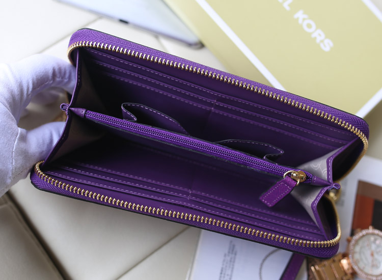 热销新款钱包 MK铆钉钱包 十字纹牛皮女士长款钱夹 紫色