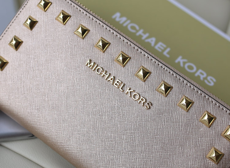 厂家直销 MK铆钉钱包 原版十字纹牛皮 金色女士手拿包钱包新款