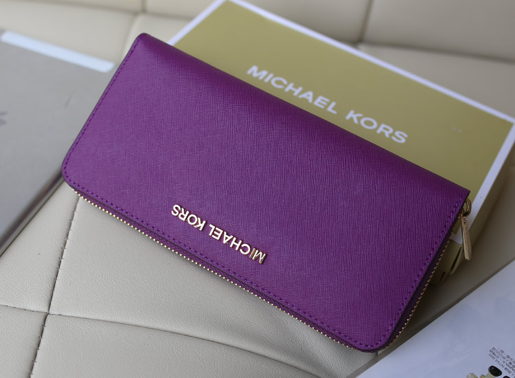 厂家直销 MK钱包无钉款进口十字纹牛皮紫色 女士手包钱夹