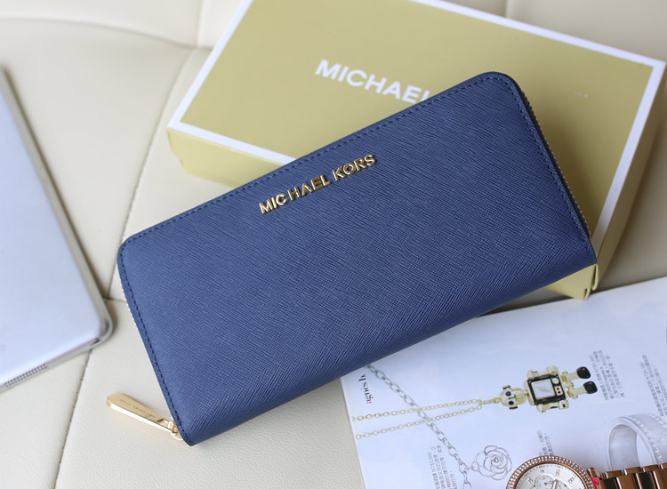 夏季新款钱包 MK宝蓝色十字纹牛皮 女款拉链钱夹卡包