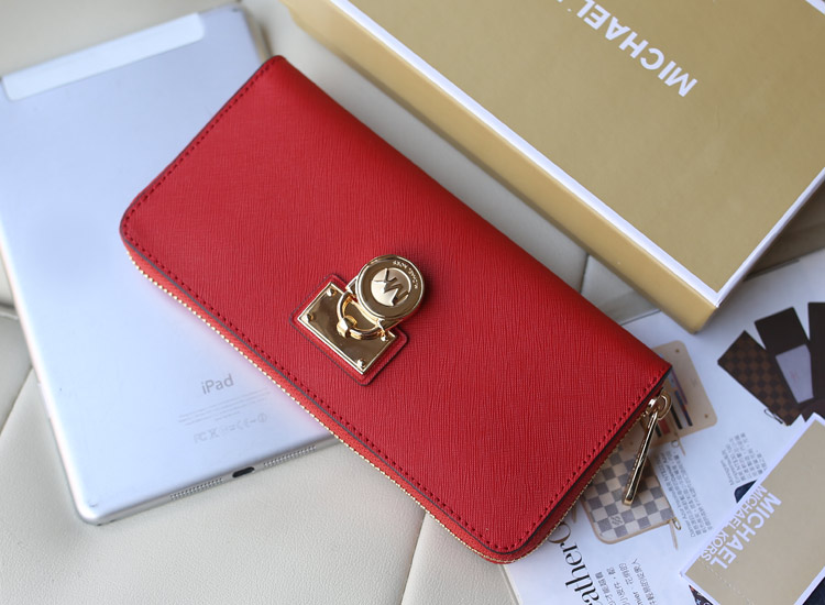 欧美品牌钱包 Michael Kors MK红色进口十字纹牛皮锁头长款钱包手包