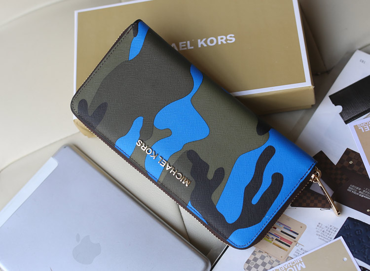 MK钱包批发 2014新款迷彩钱包 蓝色 原版十字纹牛皮长款拉链钱包钱夹 