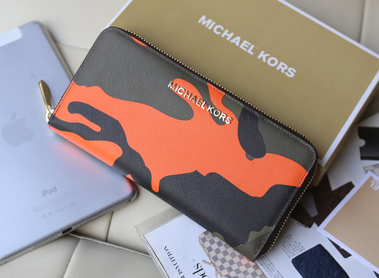 厂家直销 MK新款迷彩系列钱包 橙色 原版牛皮长款钱夹拉链钱包