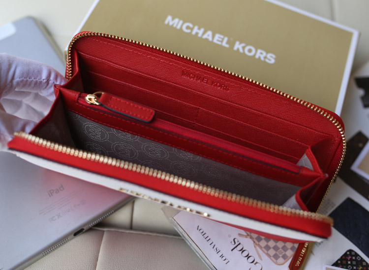 Michael Kors 原版十字纹牛皮 拼色系列钱包 红色 拉链钱包钱夹手包
