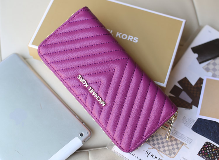 高档真皮钱包 欧美品牌MK原版顶级羊皮V型车线 紫色 拉链女钱包钱夹手包