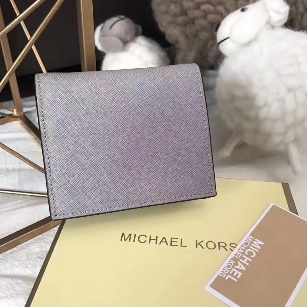迈克科尔斯钱夹 MK进口十字纹牛皮吸扣短款钱包卡包 灰色