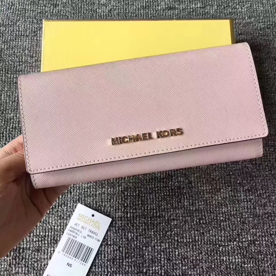 迈克科尔斯钱包 MK新款十字纹牛皮翻盖长款钱夹手包19cm 浅粉色
