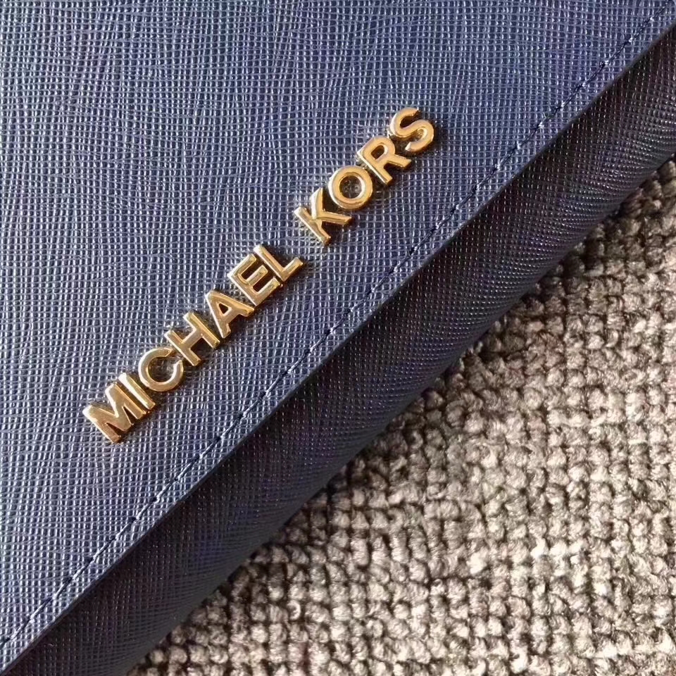 MK钱包价格 迈克高仕深蓝色十字纹牛皮翻盖长钱包女士手包19cm