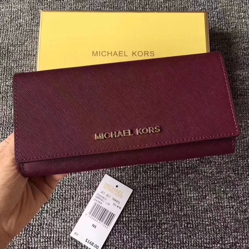 MK钱夹批发 迈克科尔斯酒红色十字纹牛皮翻盖长款钱包卡包19cm