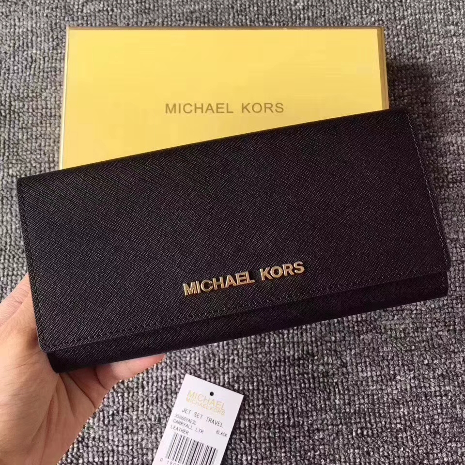 MK新款钱夹 迈克高仕十字纹牛皮翻盖长款钱包19cm 黑色