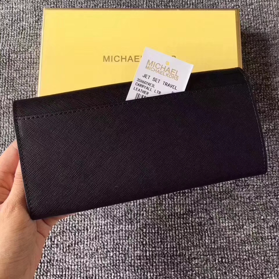 MK新款钱夹 迈克高仕十字纹牛皮翻盖长款钱包19cm 黑色