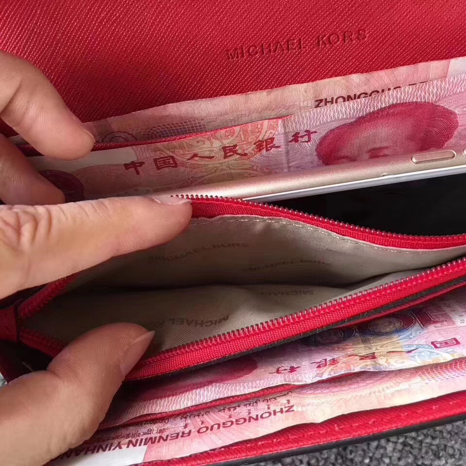 迈克科尔斯钱包 MK新款翻盖长款钱夹手包19cm 红色十字纹牛皮