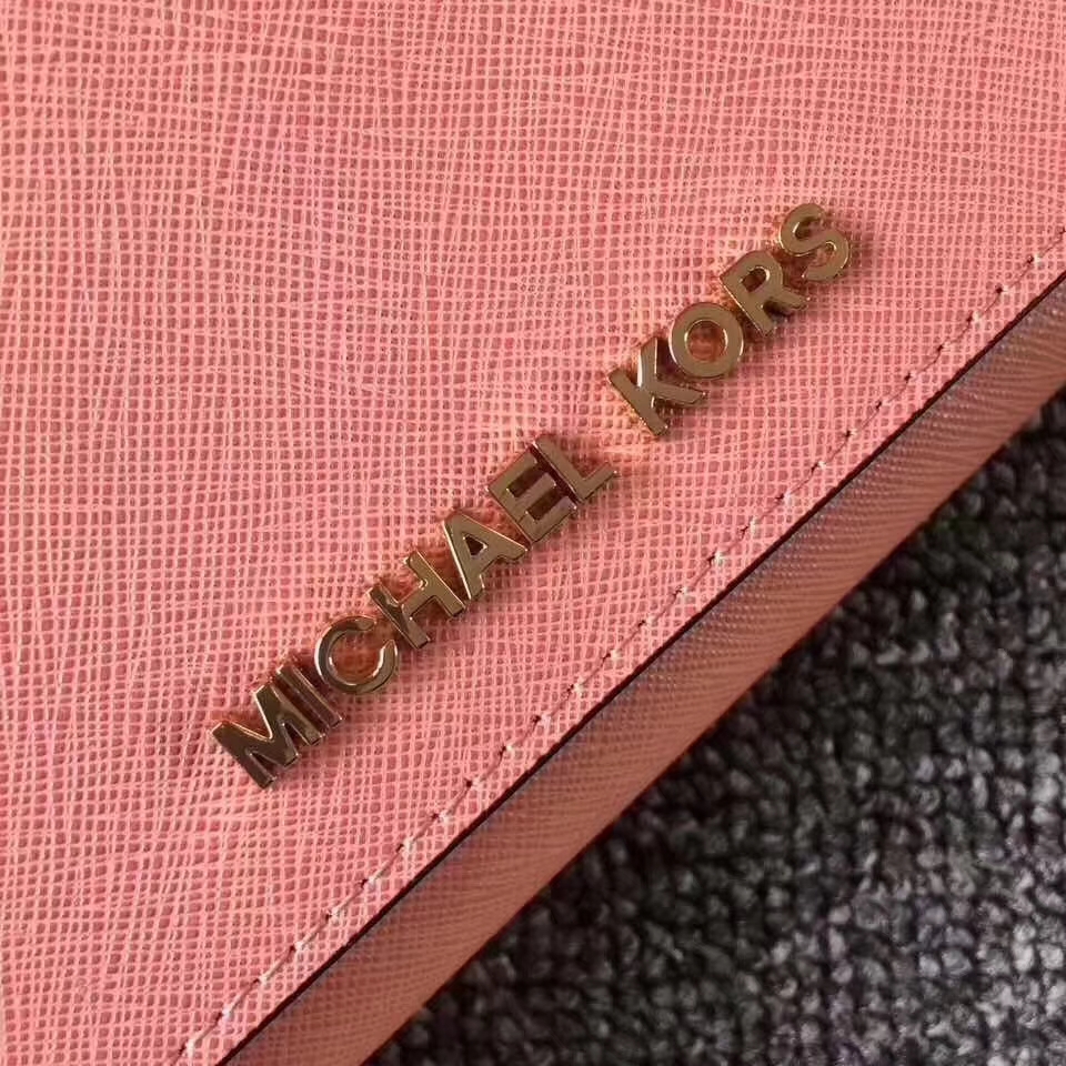 MK钱包批发 迈克科尔斯虾进口十字纹牛皮长款翻盖钱夹卡包19cm 虾粉色