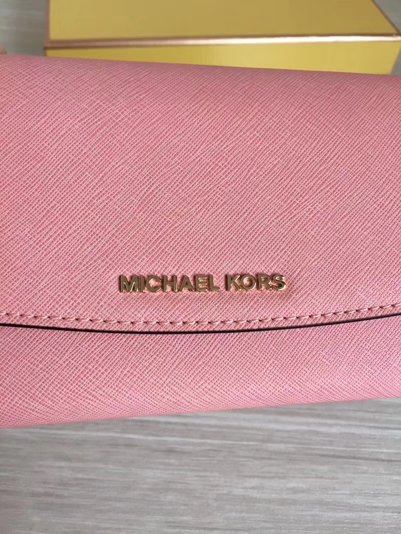 MK钱包价格 迈克高仕原单十字纹牛皮三折长款信封钱夹手包20cm 虾粉色