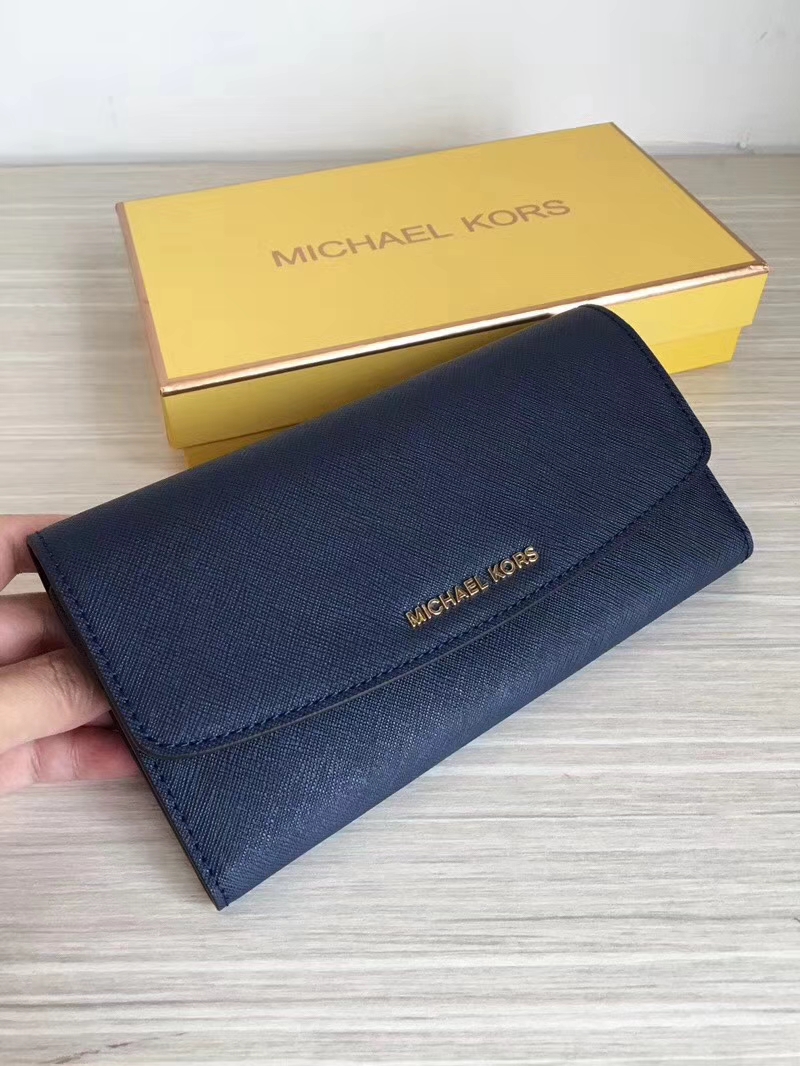 MK钱包批发 迈克科尔斯深蓝色原单十字纹牛皮长款钱夹手包20cm