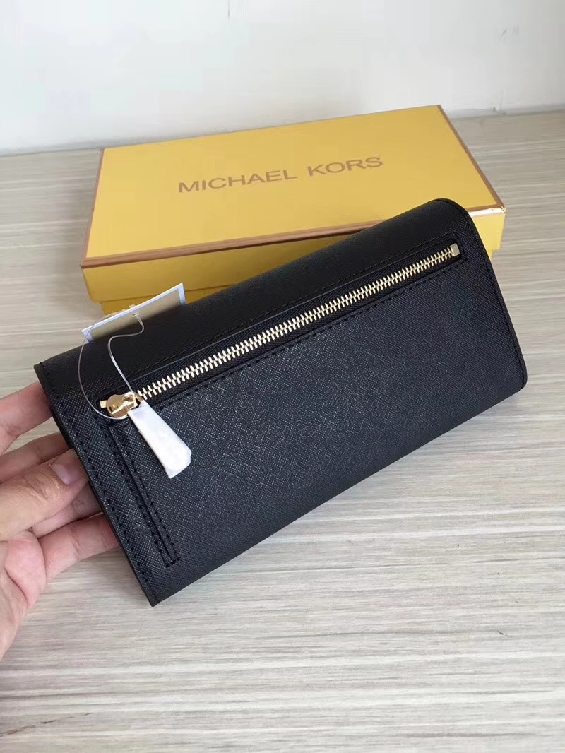 迈克高仕钱包价格 MK黑色原单十字纹牛皮三折长款钱夹手包20cm