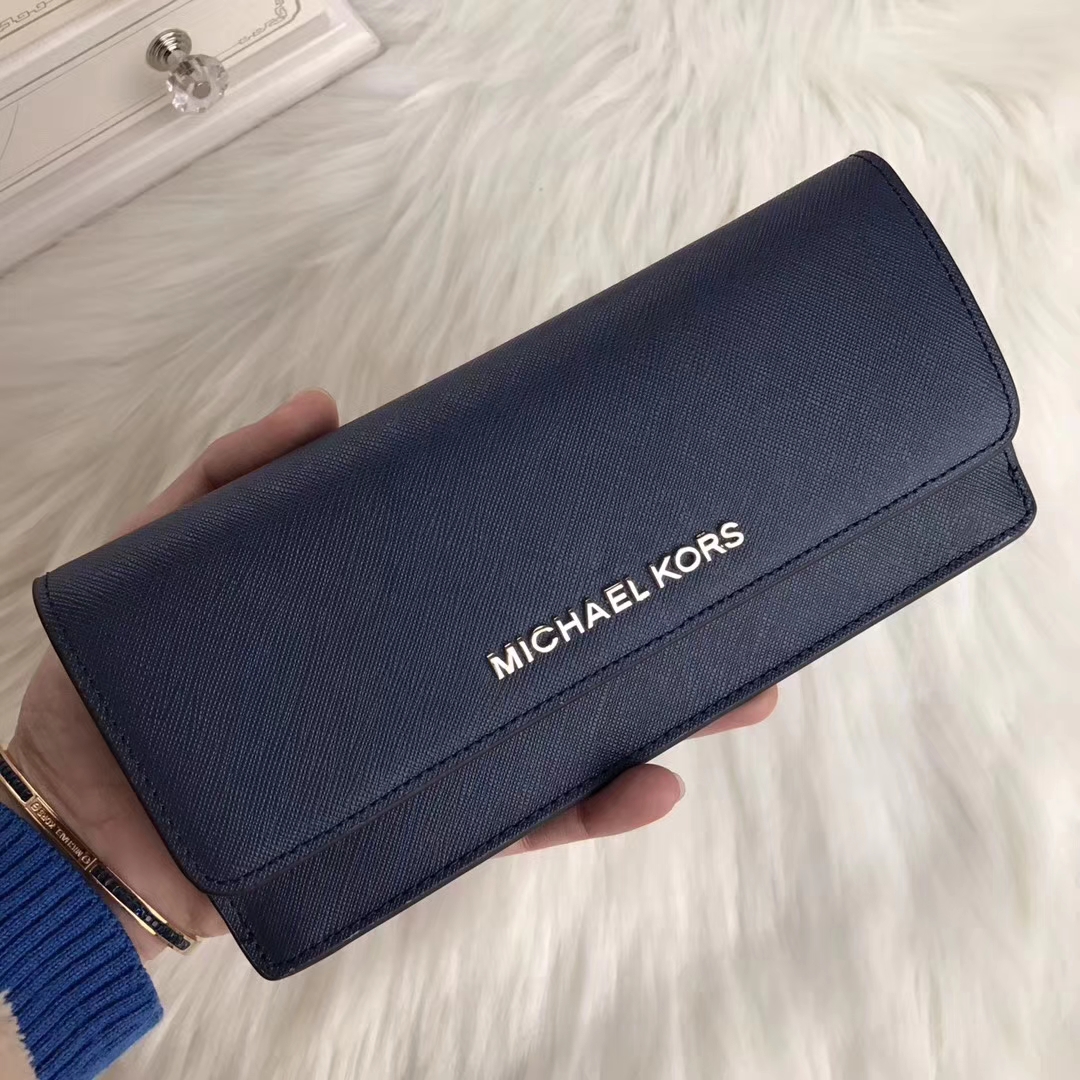 MK钱包新款 迈克科尔斯原单十字纹牛皮对折钱夹手包20cm 深蓝色