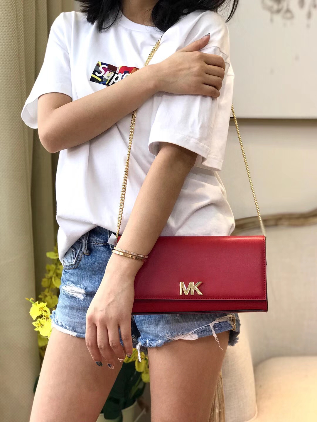 MK新款女包 迈克高仕红色纳帕牛皮链条单肩斜挎小包手拿包24CM