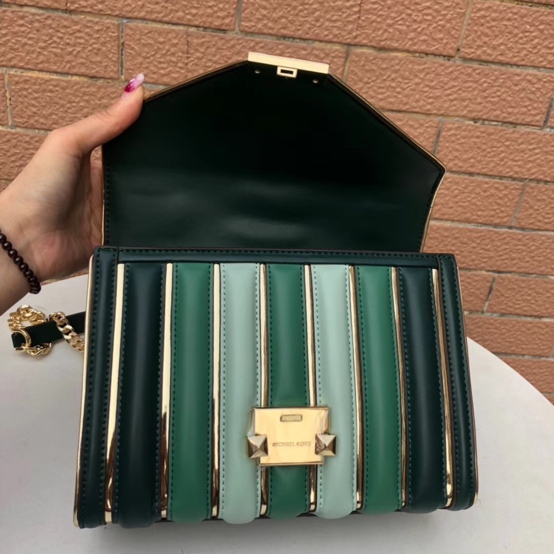 厂家直销 MK迈克科尔斯绿色牛皮撞色拼接Whitney系列女包链条单肩斜挎包25CM