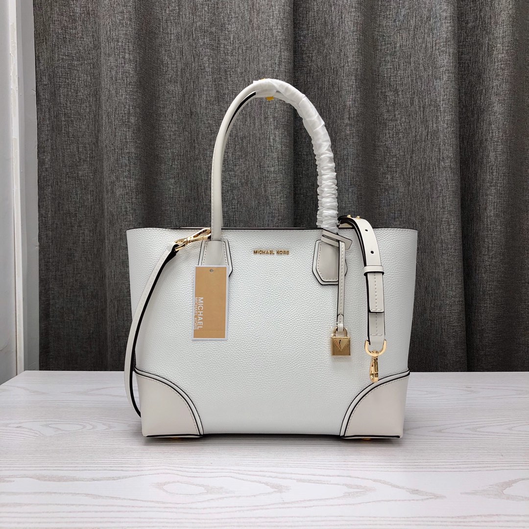 迈克科尔斯女包 MK2019新款荔枝纹牛皮包包手提单肩购物袋31CM 白色